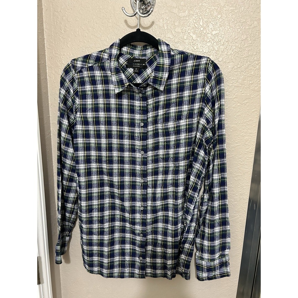 J. Crew Womens 12 Flannel Long Sleeve Button Up Shirt‎ Plaid Cotton Blue Green